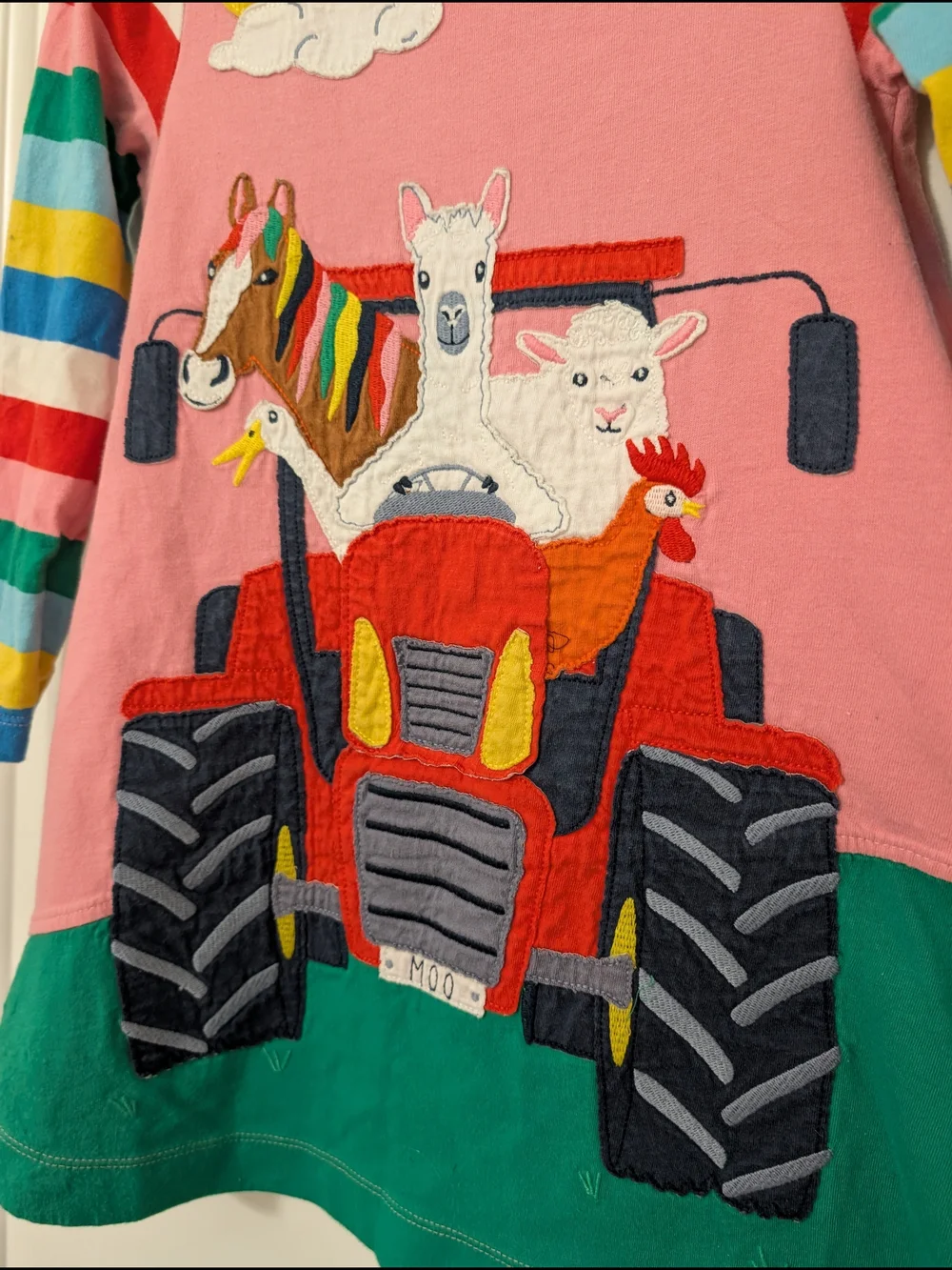Mini Boden Pink Rainbow Striped Farm Animal Tractor Applique Long Sleeve Dress - Picture 2 of 4